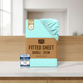 Packaged fitted sheet with color swatches and Utopia Bedding branding.
