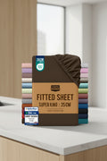 Stack of Utopia Bedding fitted sheets with color options and product details on a white background.