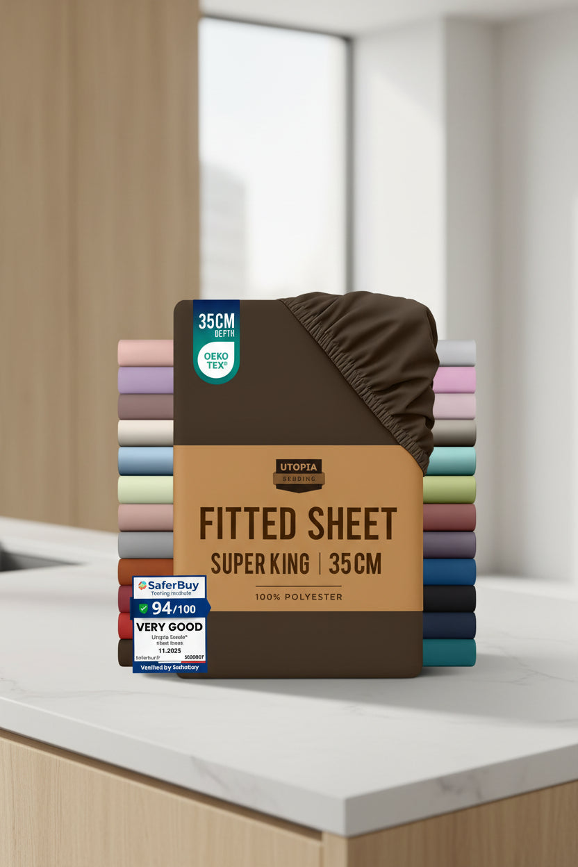 Stack of Utopia Bedding fitted sheets with color options and product details on a white background.