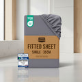 Stack of Utopia Bedding fitted sheets with color options and product details on a white background.