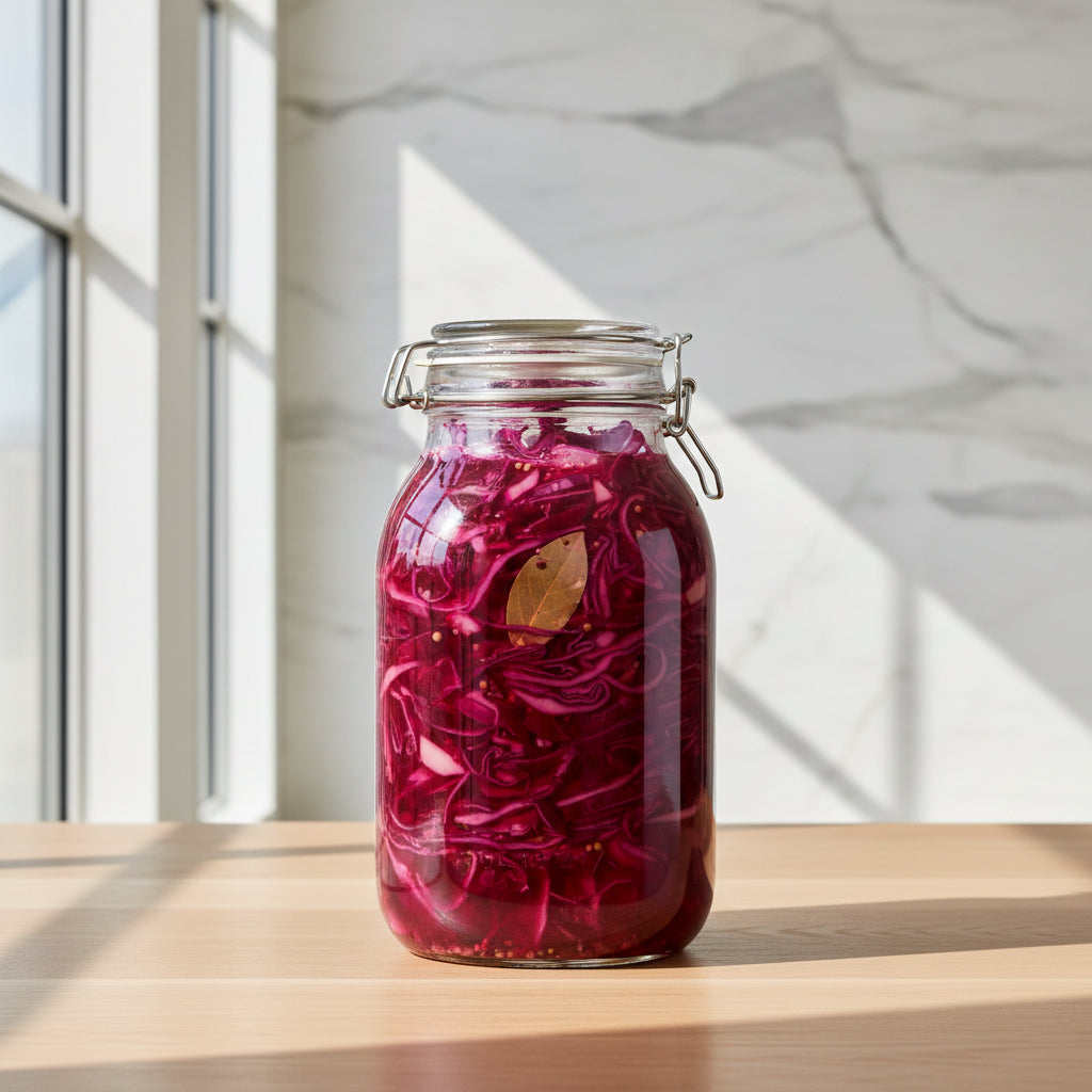Jar of pickled red cabbage with a label on a wooden surface