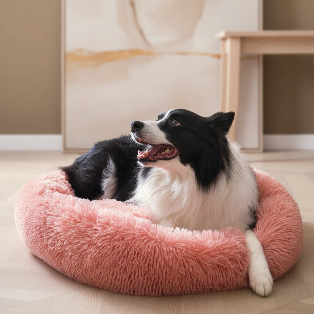 Dog lying on a pink fluffy pet bed in a cozy living room.