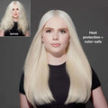 Person with long blonde hair, before and after a hair treatment, on a gray background.