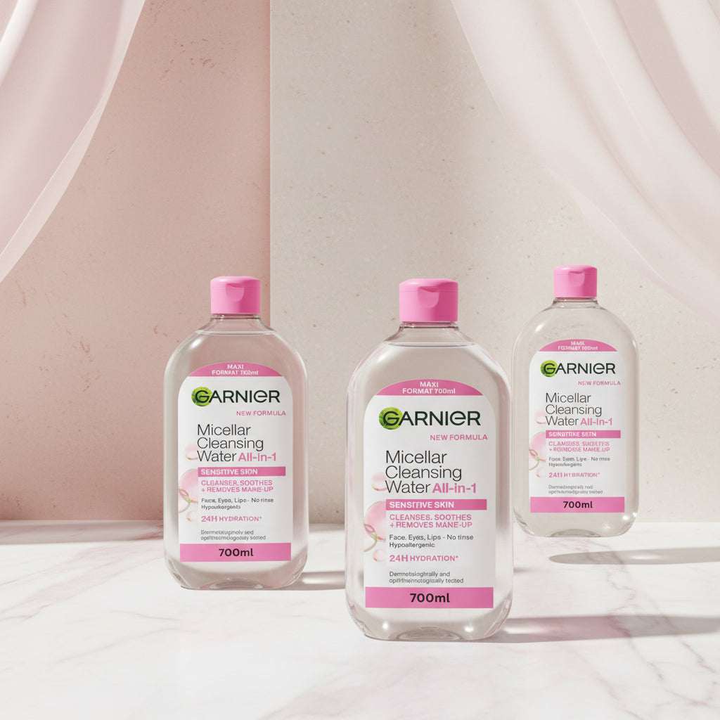 Three 700ml bottles of Garnier Micellar Cleansing Water All-in-1 Sensitive Skin, arranged in a triangular composition on a plain white background.