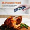 Digital instant-read thermometer held by a hand over a roasted chicken, with text reading '3S Instant Read' and feature callouts about lock function and clear backlight display.
