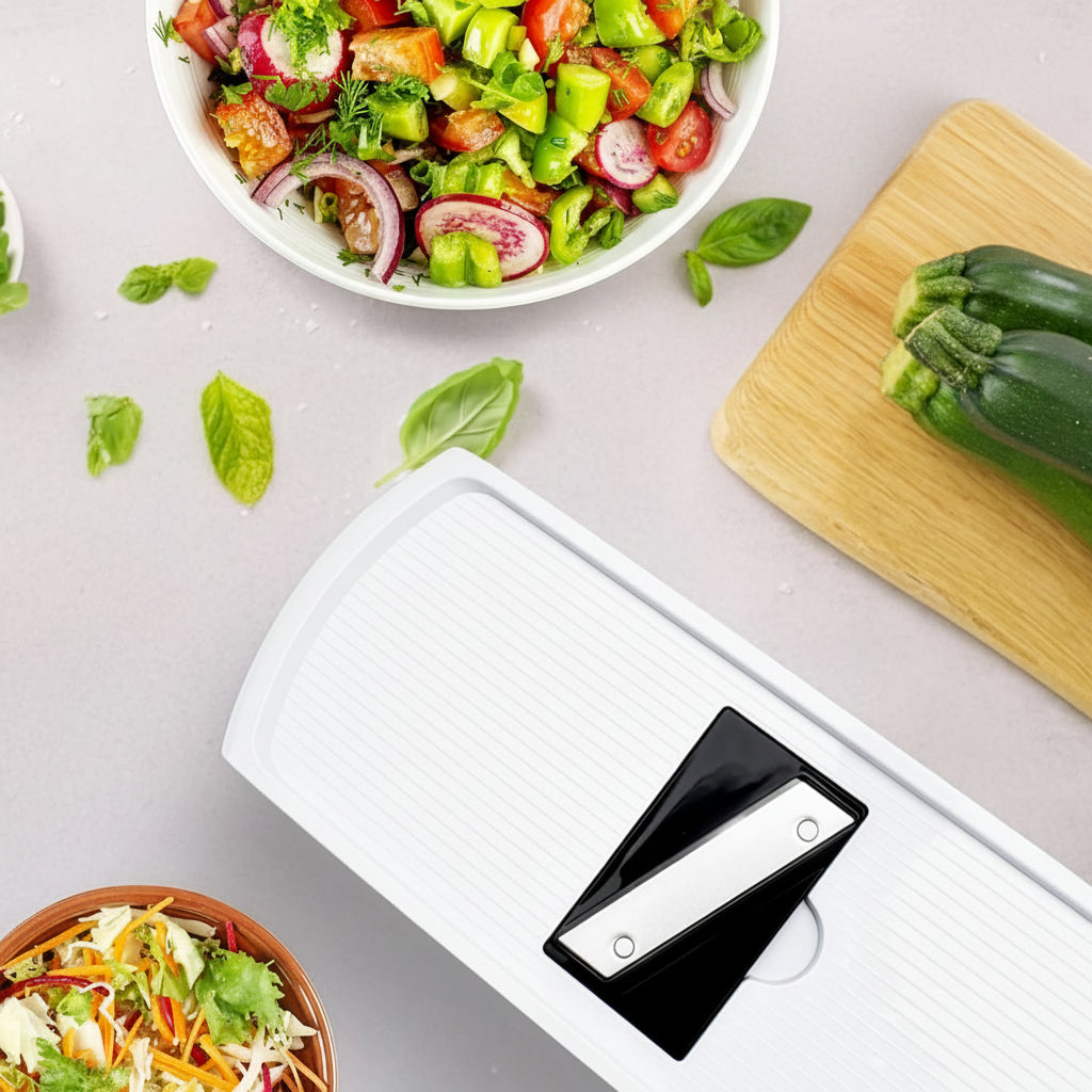 White food processor with 'fullstar' branding and a salad in the background