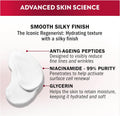 An informational graphic for a skincare product with a white cream smear and text highlighting benefits: smooth silky finish, anti-ageing peptides, niacinamide, and glycerin. A red banner at the top reads 'ADVANCED SKIN SCIENCE'.