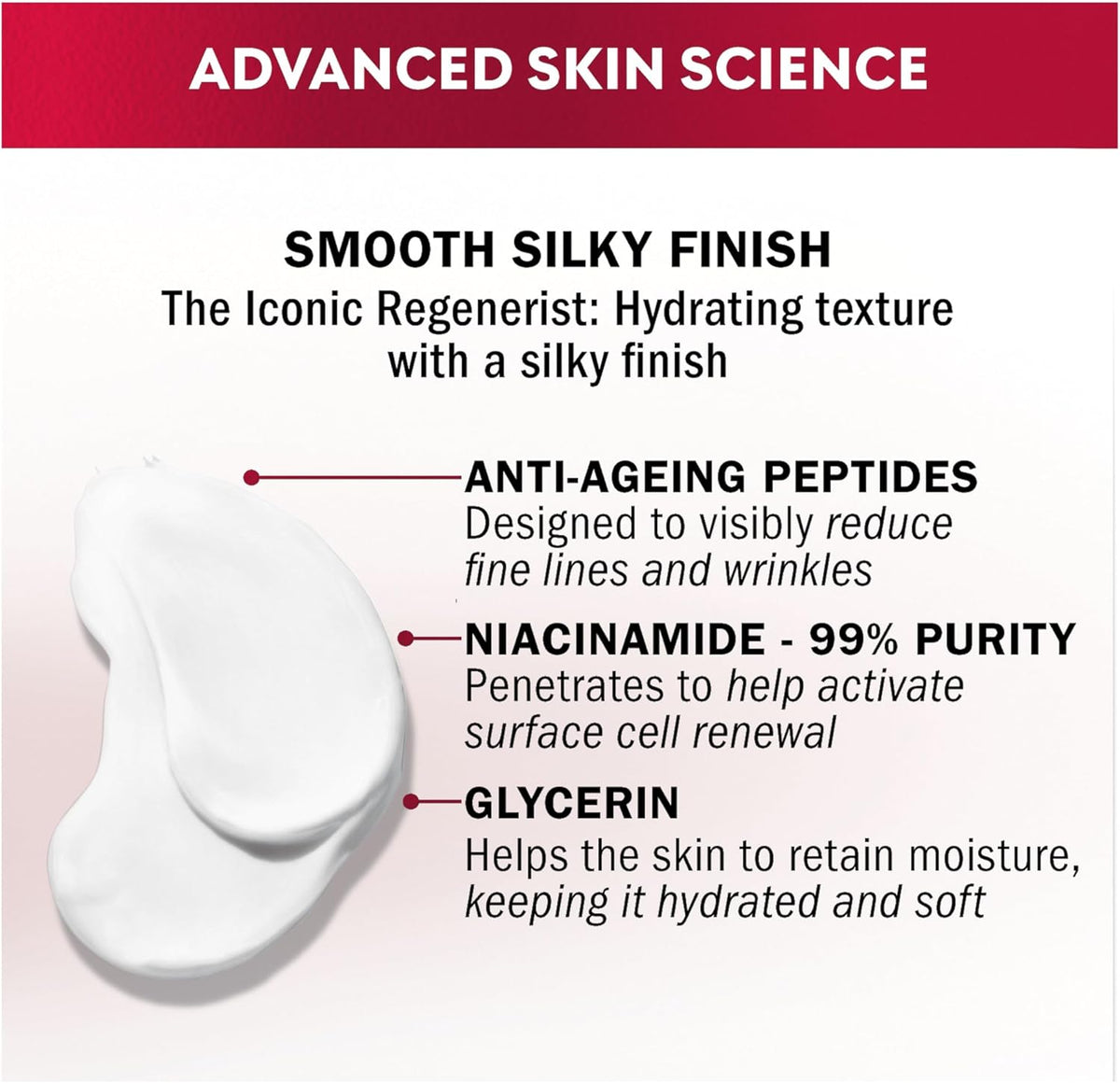 An informational graphic for a skincare product with a white cream smear and text highlighting benefits: smooth silky finish, anti-ageing peptides, niacinamide, and glycerin. A red banner at the top reads 'ADVANCED SKIN SCIENCE'.