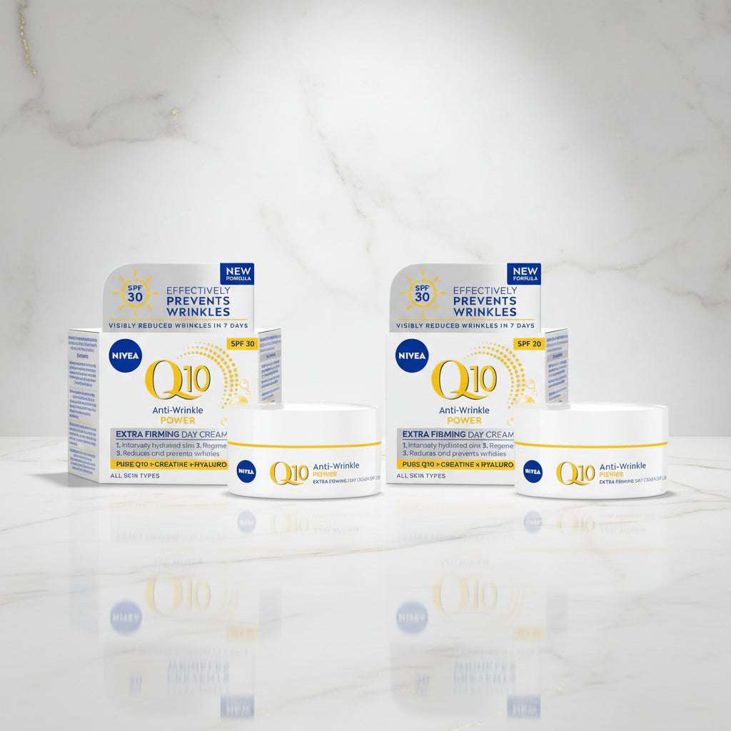 Two boxes and two jars of NIVEA Q10 Anti-Wrinkle Power Extra Firming Day Cream, displayed on a clean white background.