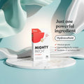 Mighty Patch packaging with hydrocolloid information on a light blue background
