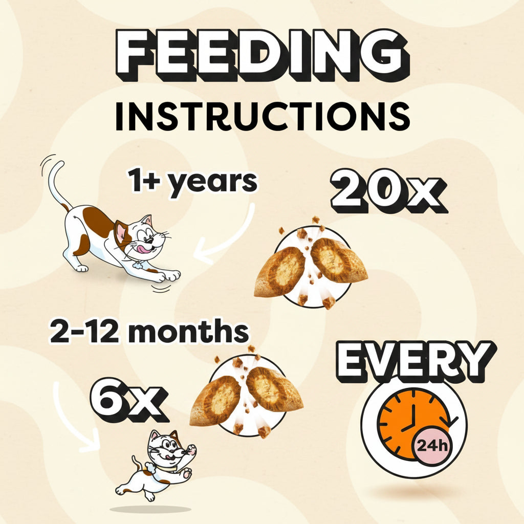 Feeding instructions for a pet with cartoon illustrations on a yellow background