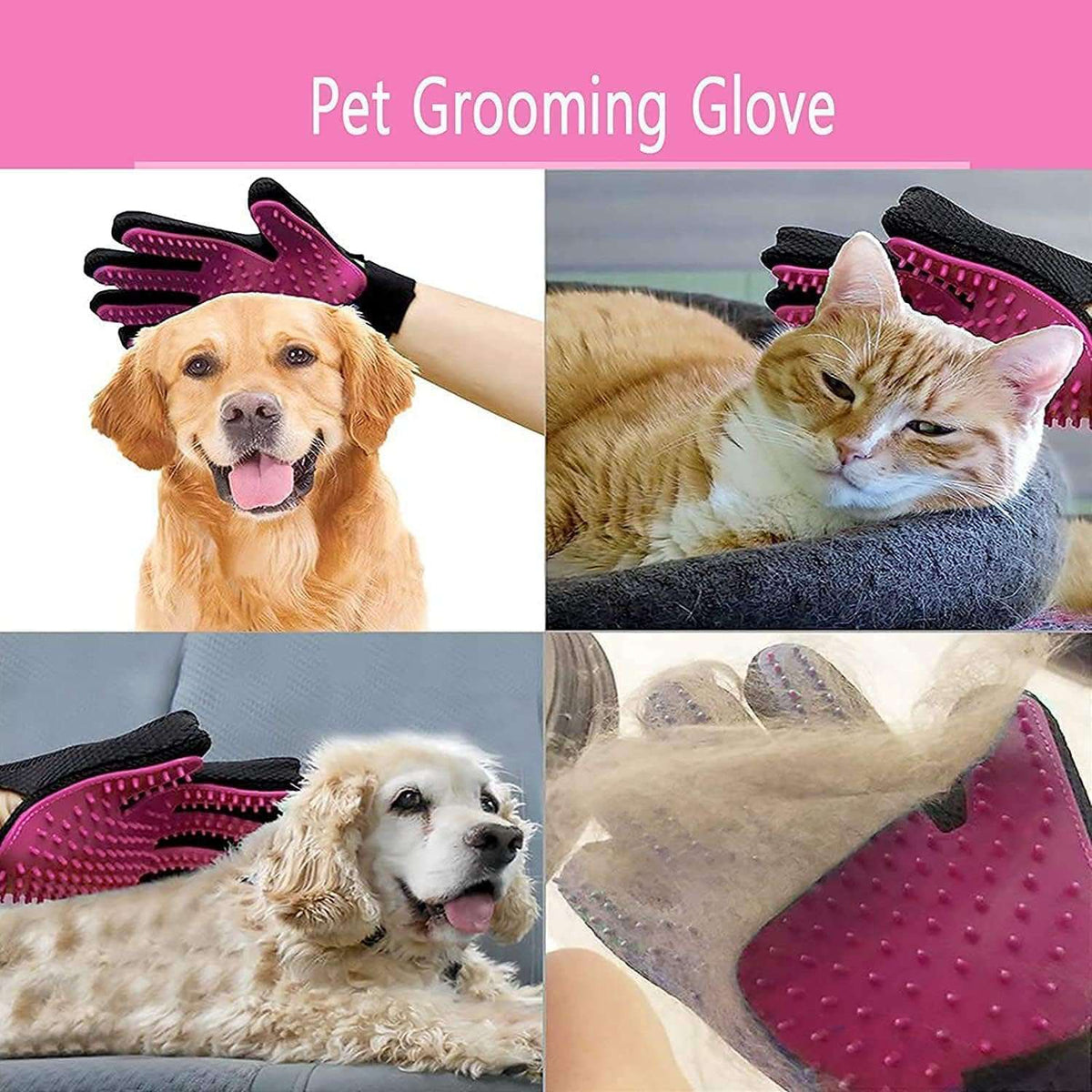 Pet grooming glove used on dogs and cats with a pink background