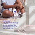 Person applying E45 Lotion to their leg with text on how to use it.