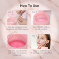 Step-by-step guide on how to use a skincare product with pink containers and text instructions.