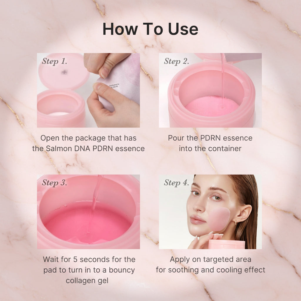 Step-by-step guide on how to use a skincare product with pink containers and text instructions.