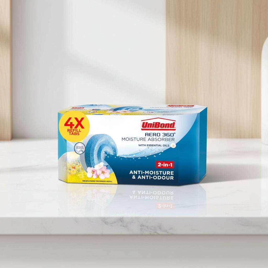 UniBond Aero 360 Moisture Absorber refill pack with 4x refill tabs, featuring a blue and white box with a yellow circular badge and floral graphics.