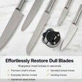 A set of stainless steel kitchen knives arranged diagonally on a white marble background, with a black and silver knife sharpener in the center. Text at the bottom reads 'Effortlessly Restore Dull Blades' with bullet points for different knife types.