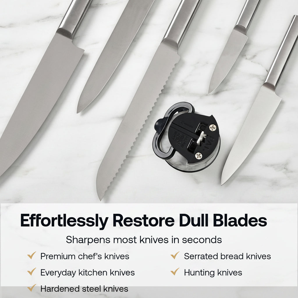 A set of stainless steel kitchen knives arranged diagonally on a white marble background, with a black and silver knife sharpener in the center. Text at the bottom reads 'Effortlessly Restore Dull Blades' with bullet points for different knife types.