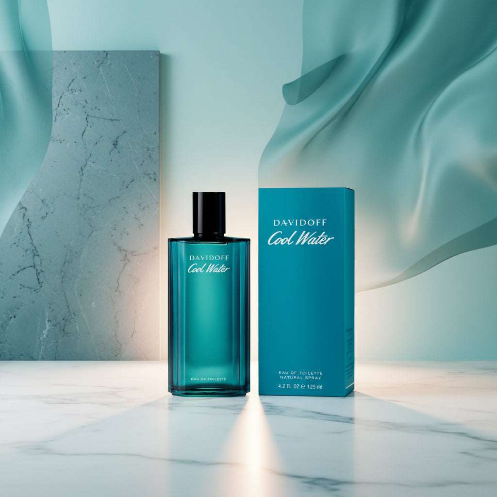 Davidoff Cool Water eau de toilette bottle with lavender flowers and green leaves on a blue and white background