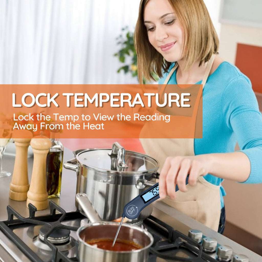 Woman using a digital thermometer to check the temperature of food on a stove, with text about lock temperature feature.