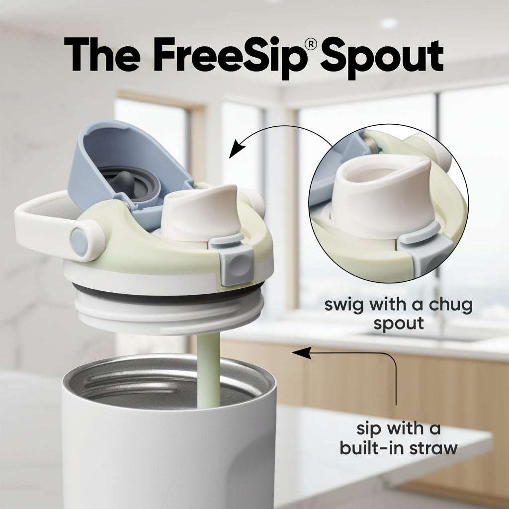 FreeSip spout attachment for a cup with text explaining its features on a light blue background.