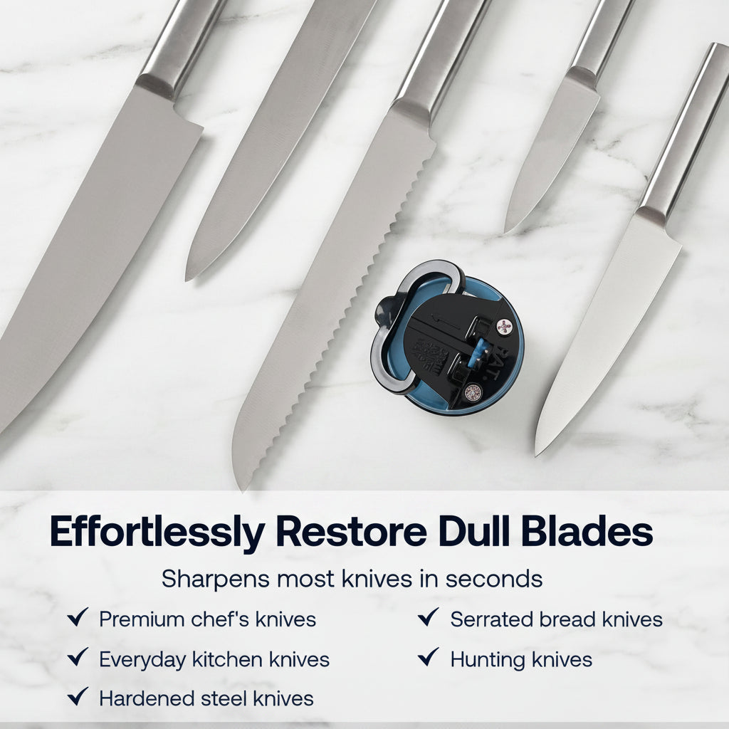 Knife sharpener with knives on a marble surface