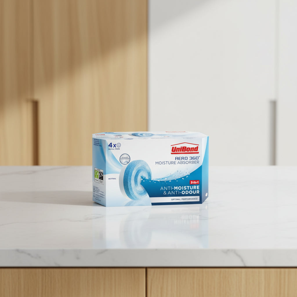 UniBond Aero 360 moisture absorber packaging with blue and white design.