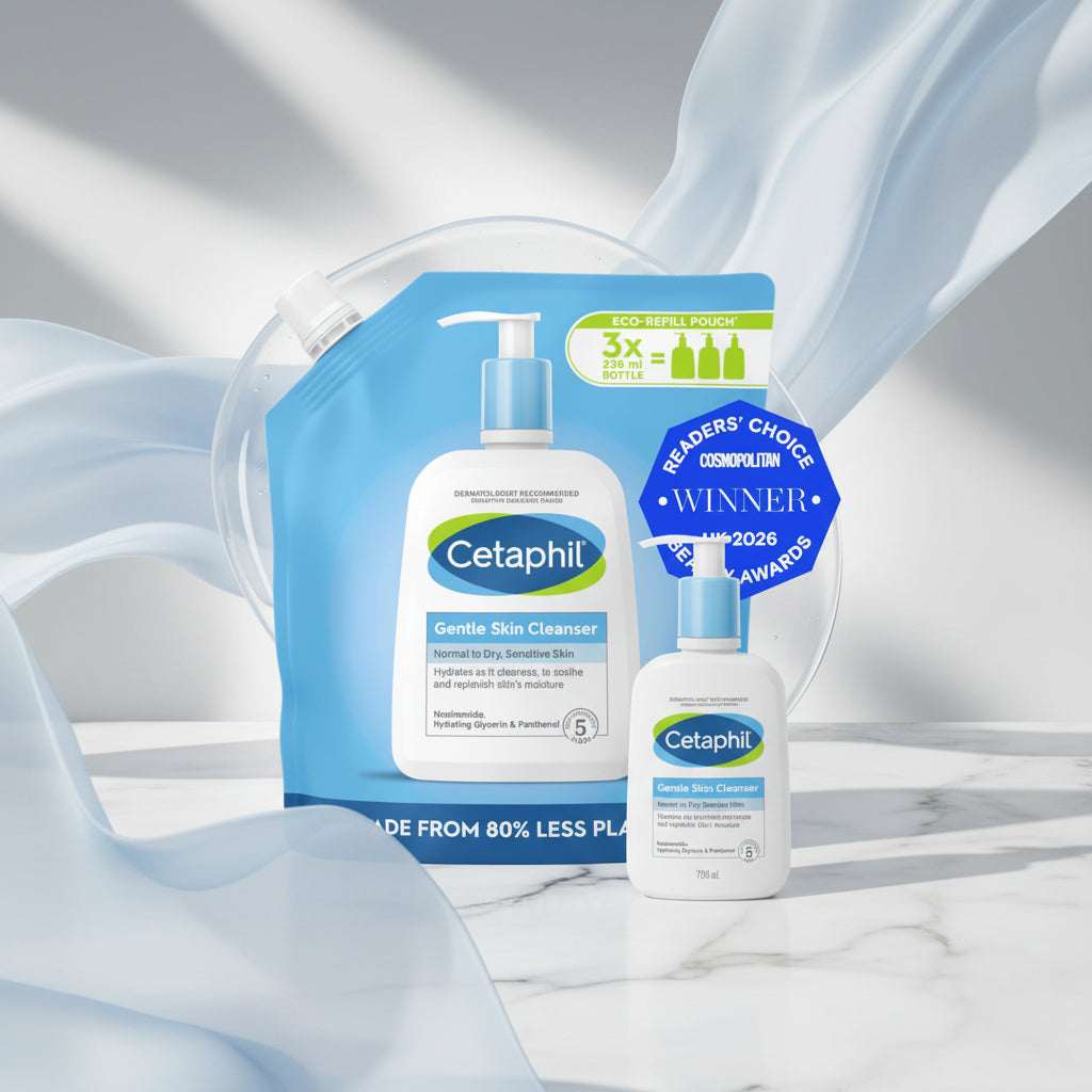 Cetaphil Gentle Skin Cleanser refill pouch shown with a clear plastic dispenser cap behind it on a white background. The blue pouch features the Cetaphil logo and a blue circular Readers' Choice Cosmopolitan Winner badge.