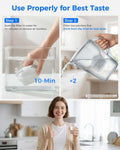 Instructions on using a water filter with steps shown and a person enjoying the filtered water.