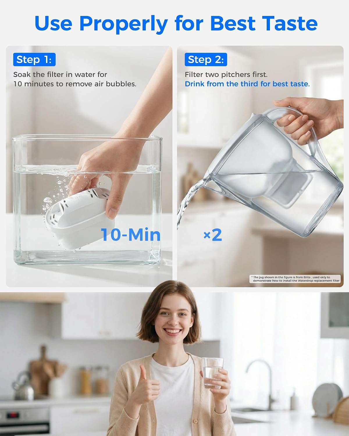 Instructions on using a water filter with steps shown and a person enjoying the filtered water.