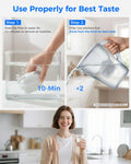 Instructions on using a water filter with steps shown and a person enjoying the filtered water.