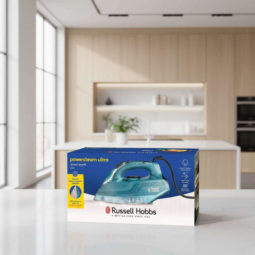 Russell Hobbs Powersteam Ultra iron box in blue and white packaging, featuring a turquoise steam iron illustration on the front.