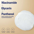 Product packaging with niacinamide, glycerin, and panthenol text on a white background