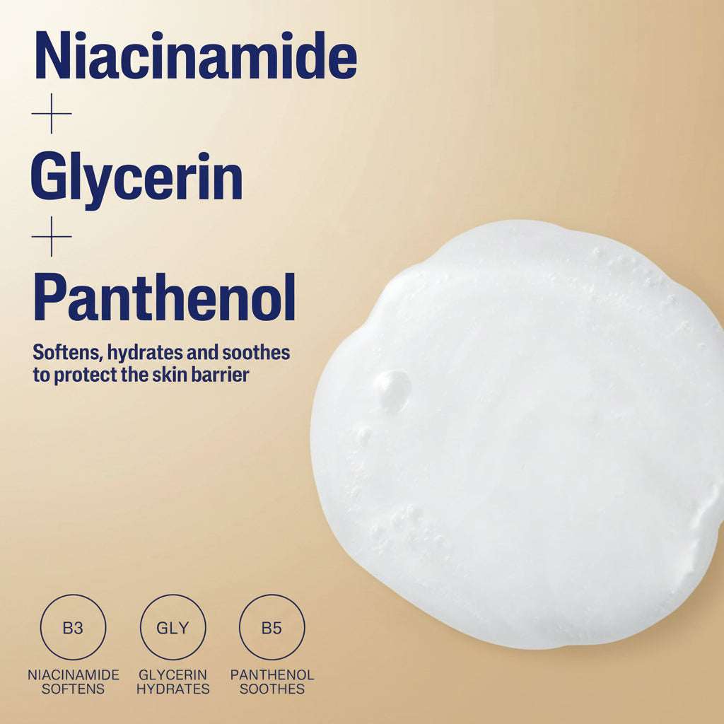 Product packaging with niacinamide, glycerin, and panthenol text on a white background
