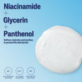 Product packaging with niacinamide, glycerin, and panthenol text on a white background