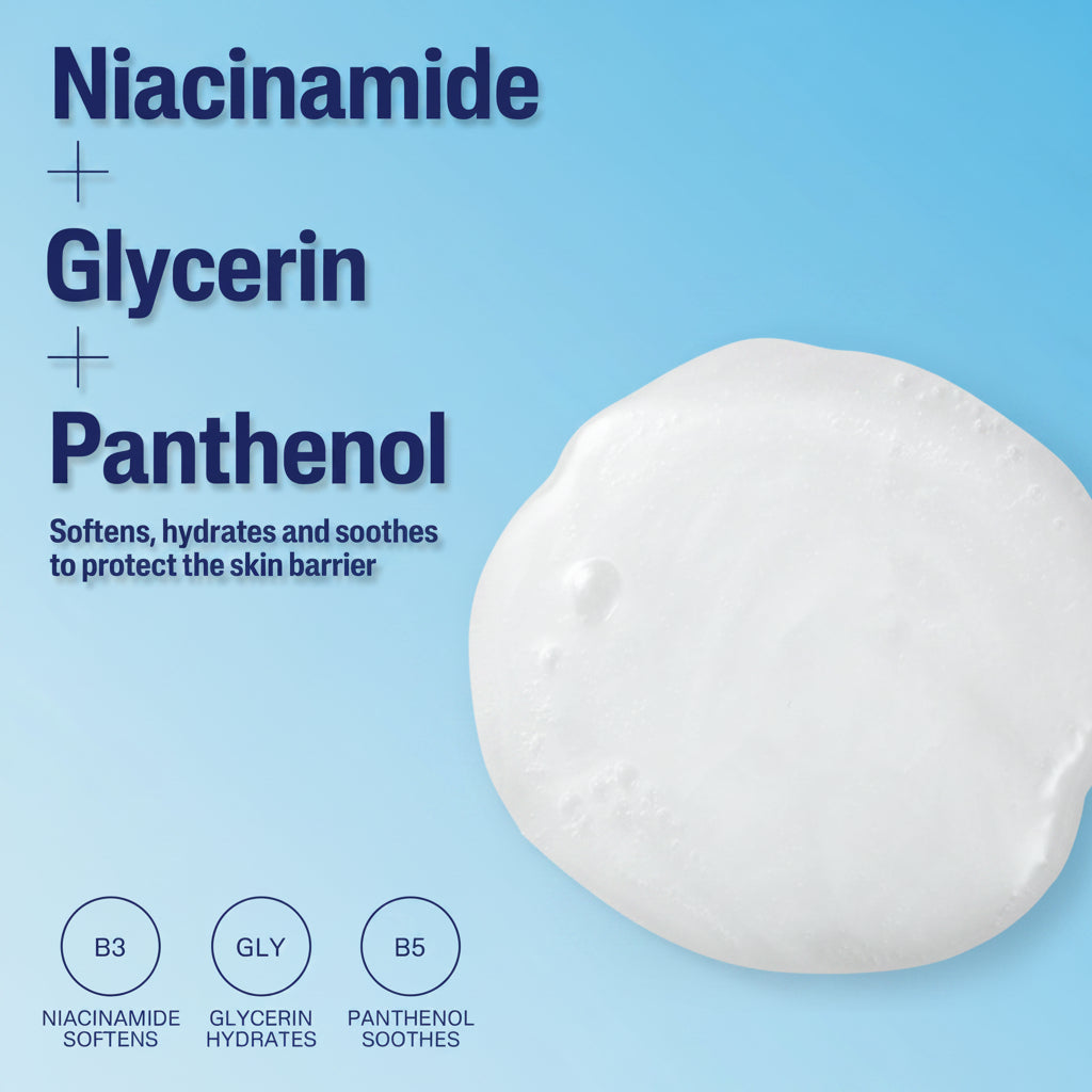 Product packaging with niacinamide, glycerin, and panthenol text on a white background