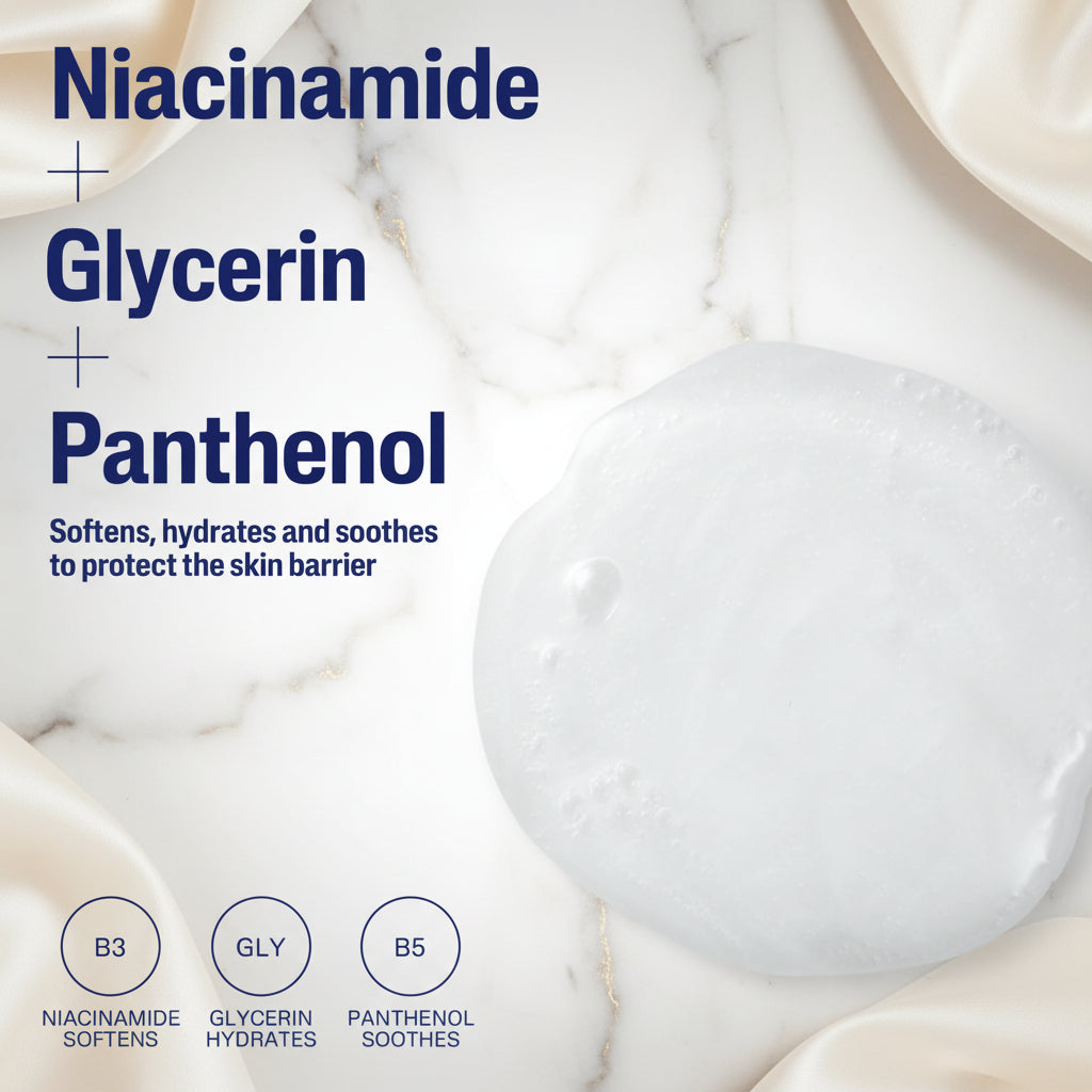 Product packaging with niacinamide, glycerin, and panthenol text on a white background