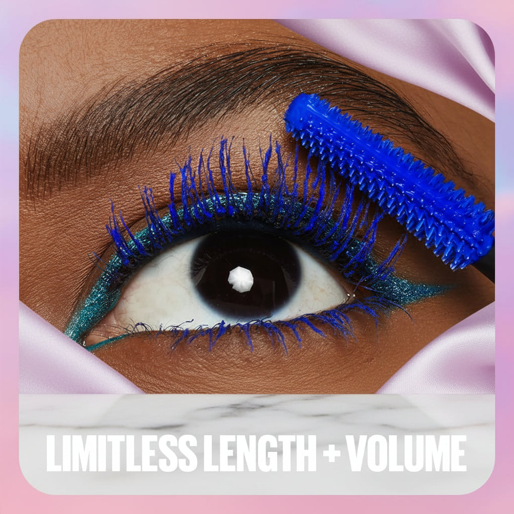 Eyelash curler with blue bristle head applied to an eye, labeled 'Limitless Length + Volume'.