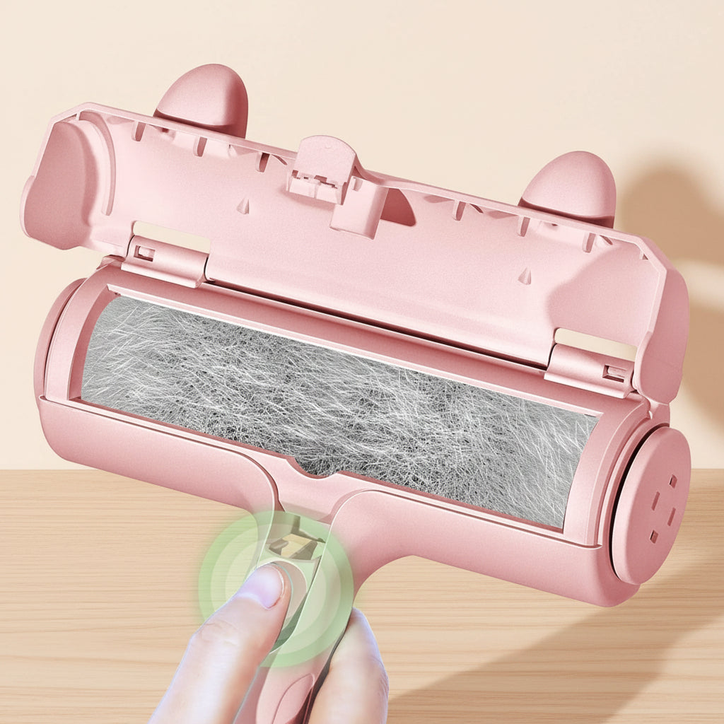 Pink pet hair remover with a clear roller showing collected hair against a light green background.