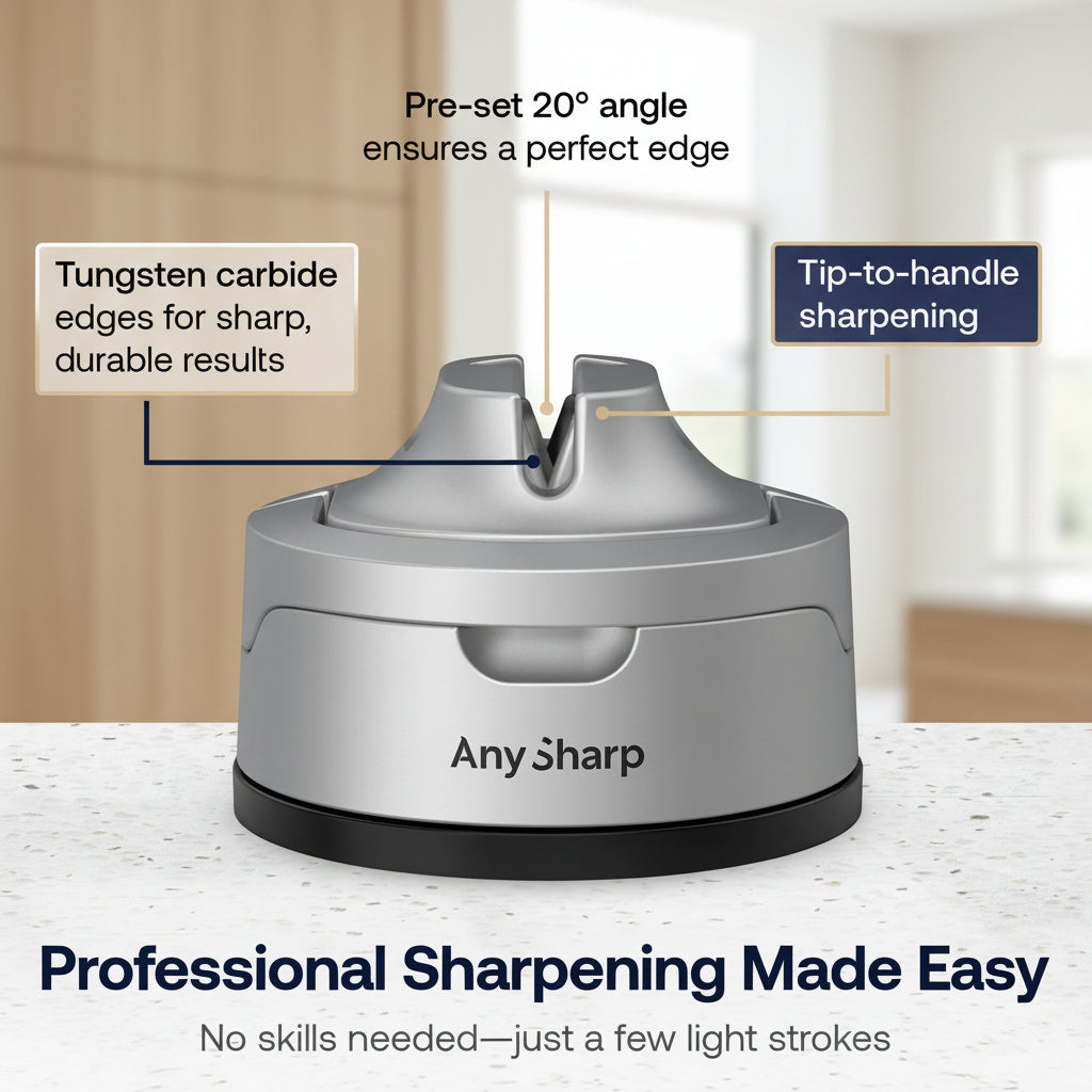 Any Sharp knife sharpener with labeled features on a textured gray background