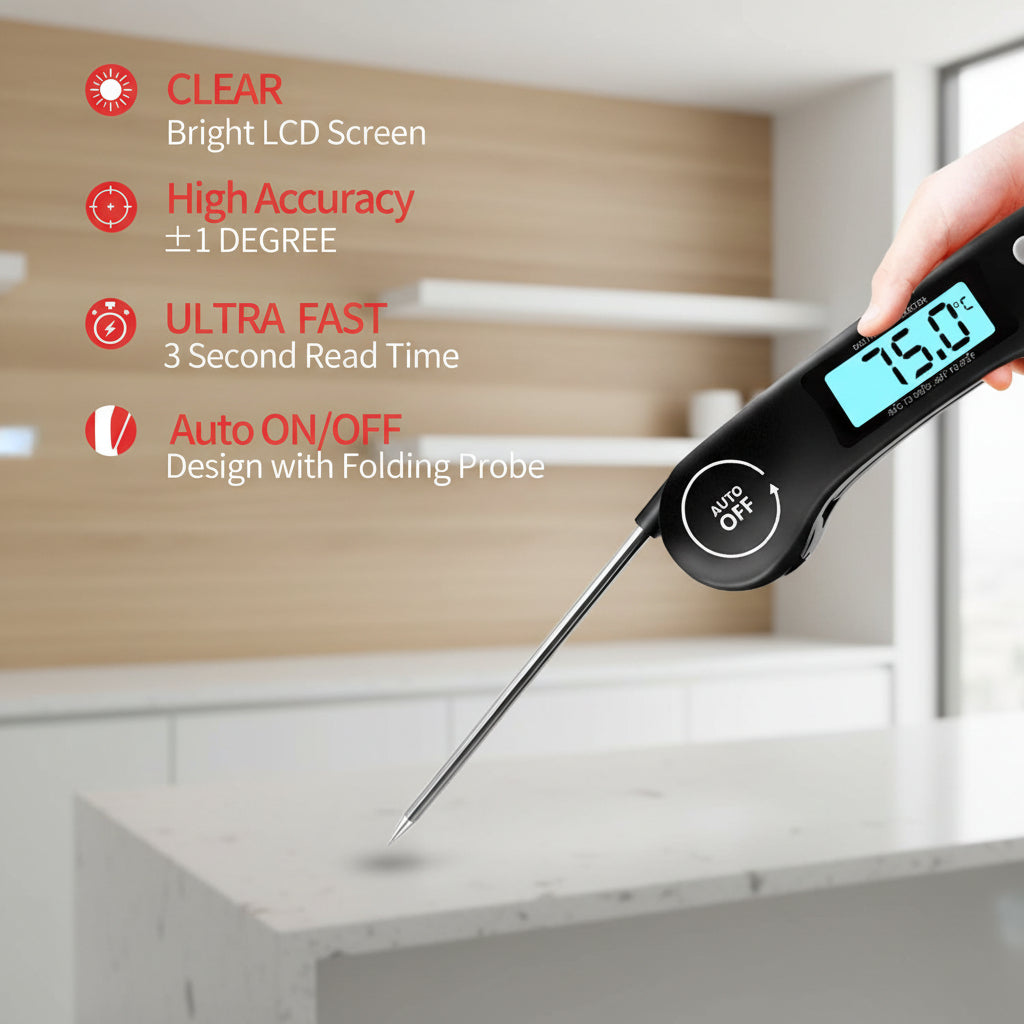 Digital thermometer being used on a grill with cooking food in the background