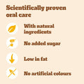 A purple promotional graphic with white text reading 'Scientifically proven oral care' and four feature points with icons: 'With natural ingredients,' 'No added sugar,' 'Low in fat,' and 'No artificial colours.'.