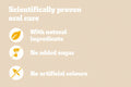 A purple promotional graphic with white text reading 'Scientifically proven oral care' and four feature points with icons: 'With natural ingredients,' 'No added sugar,' 'Low in fat,' and 'No artificial colours.'.