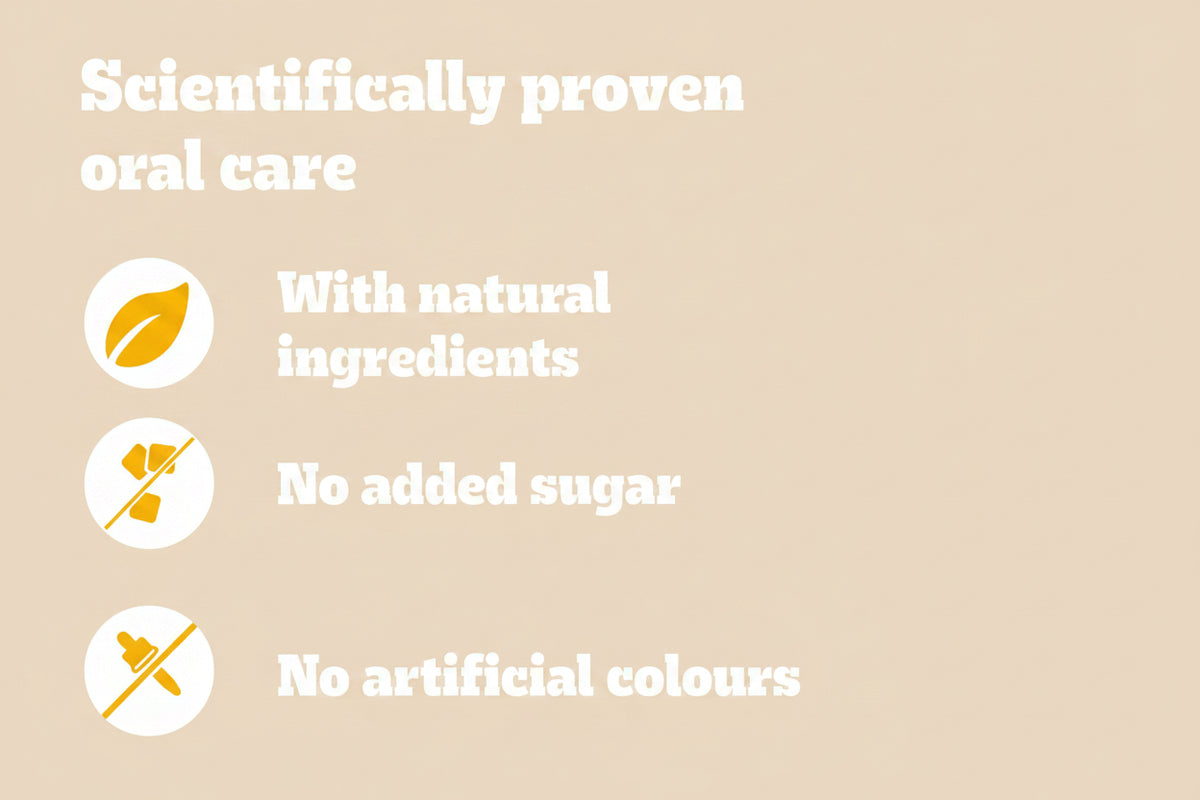 A purple promotional graphic with white text reading 'Scientifically proven oral care' and four feature points with icons: 'With natural ingredients,' 'No added sugar,' 'Low in fat,' and 'No artificial colours.'.