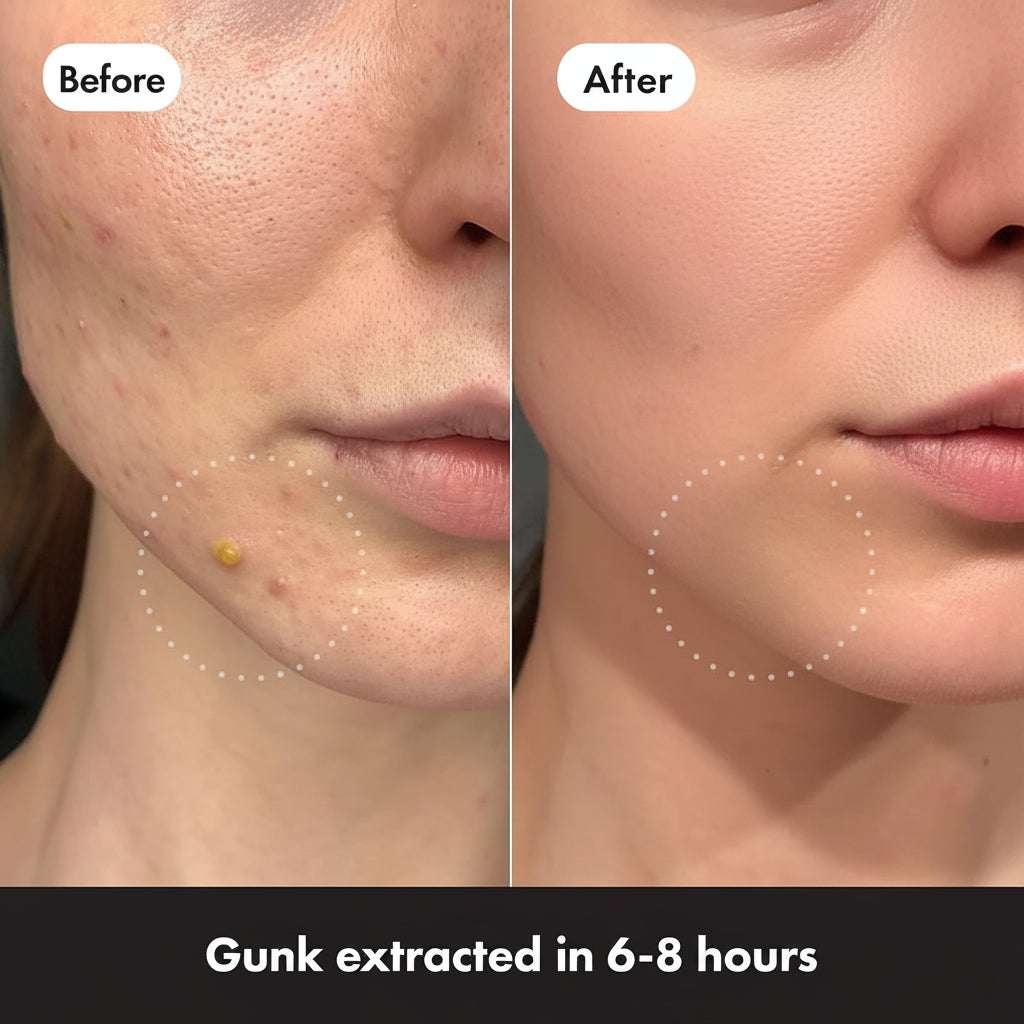 Before and after comparison of a person's face with acne, showing gunk extracted in 6-8 hours.
