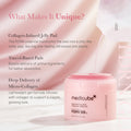 Pink jar of medicube PDRN 99% toner pad with text explaining its unique features.