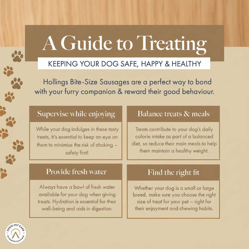 Dog treat guide with tips on safe and healthy pet care, featuring Hollings Bite-Size Sausages.