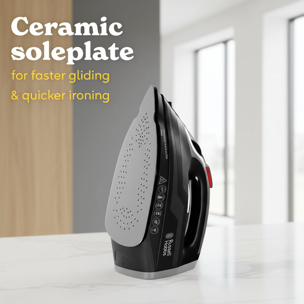 Black iron with ceramic soleplate feature on a dark background