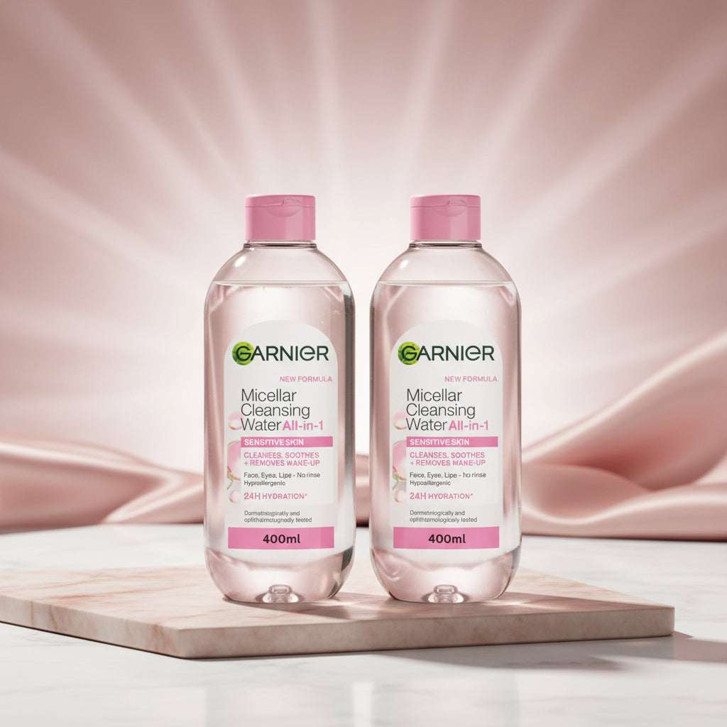 Two 400ml bottles of Garnier Micellar Cleansing Water All-in-1 Sensitive Skin with pink caps, shown side-by-side on a white background.