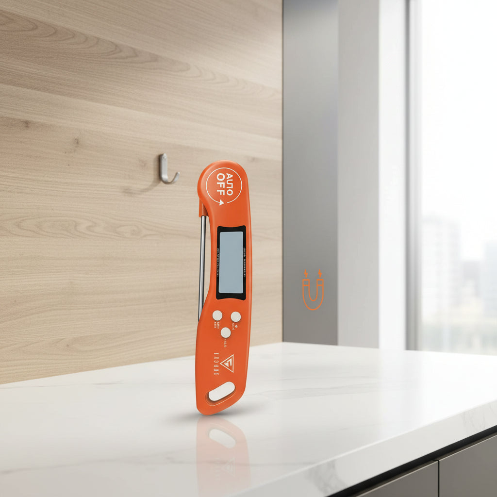 An orange digital food thermometer is shown in a kitchen setting, hanging on a towel and attached magnetically to a refrigerator door. The image includes text overlays explaining storage options: 'Large Hang Hole' with a ring icon and 'Magnetic Adsorption' with a U-shaped magnet icon.